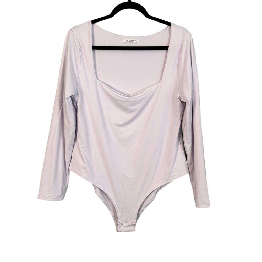 Reoria Stretch Square Neckline Long Sleeve Fitted Slimming Bodysuit white 2XL